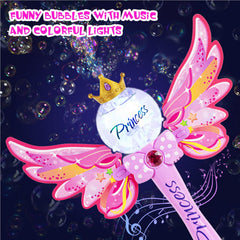 Hugeway Princess Bubble Wand pink front view shows crown and wings with magical glow.