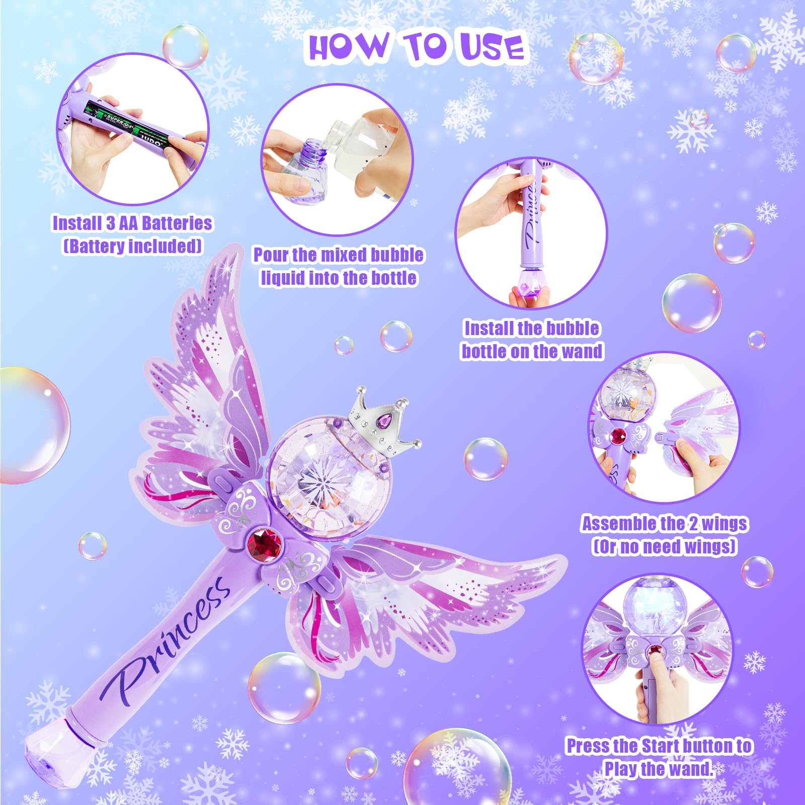 Hugeway Princess Bubble Wands safety-tested bubble liquid and leak-proof bottle.