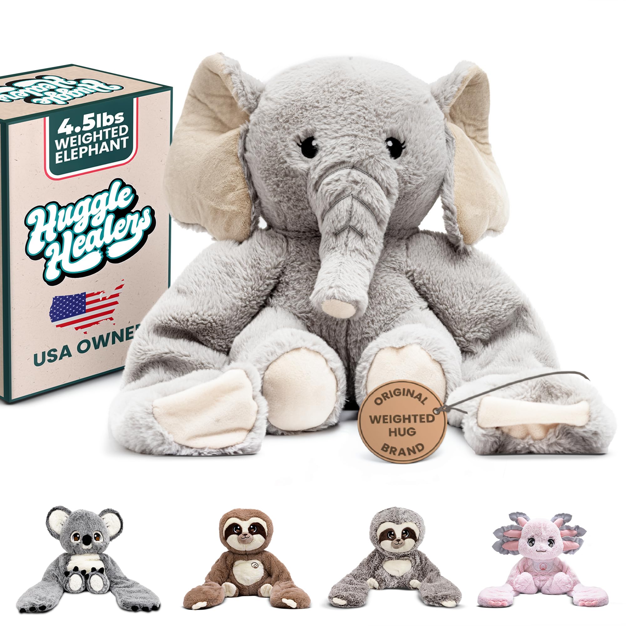 Huggle Healers Hathi Elephant arm-extended for comforting hugs at home.