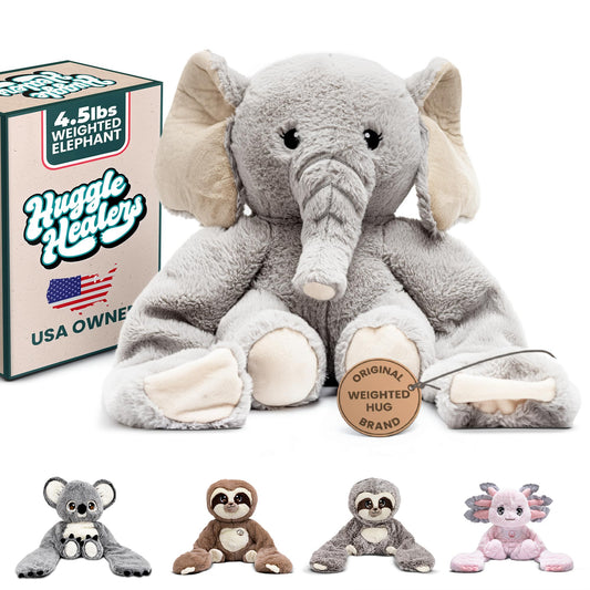 Huggle Healers Hathi Elephant arm-extended for comforting hugs at home.
