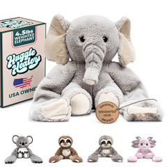 Huggle Healers Hathi Elephant arm-extended for comforting hugs at home.