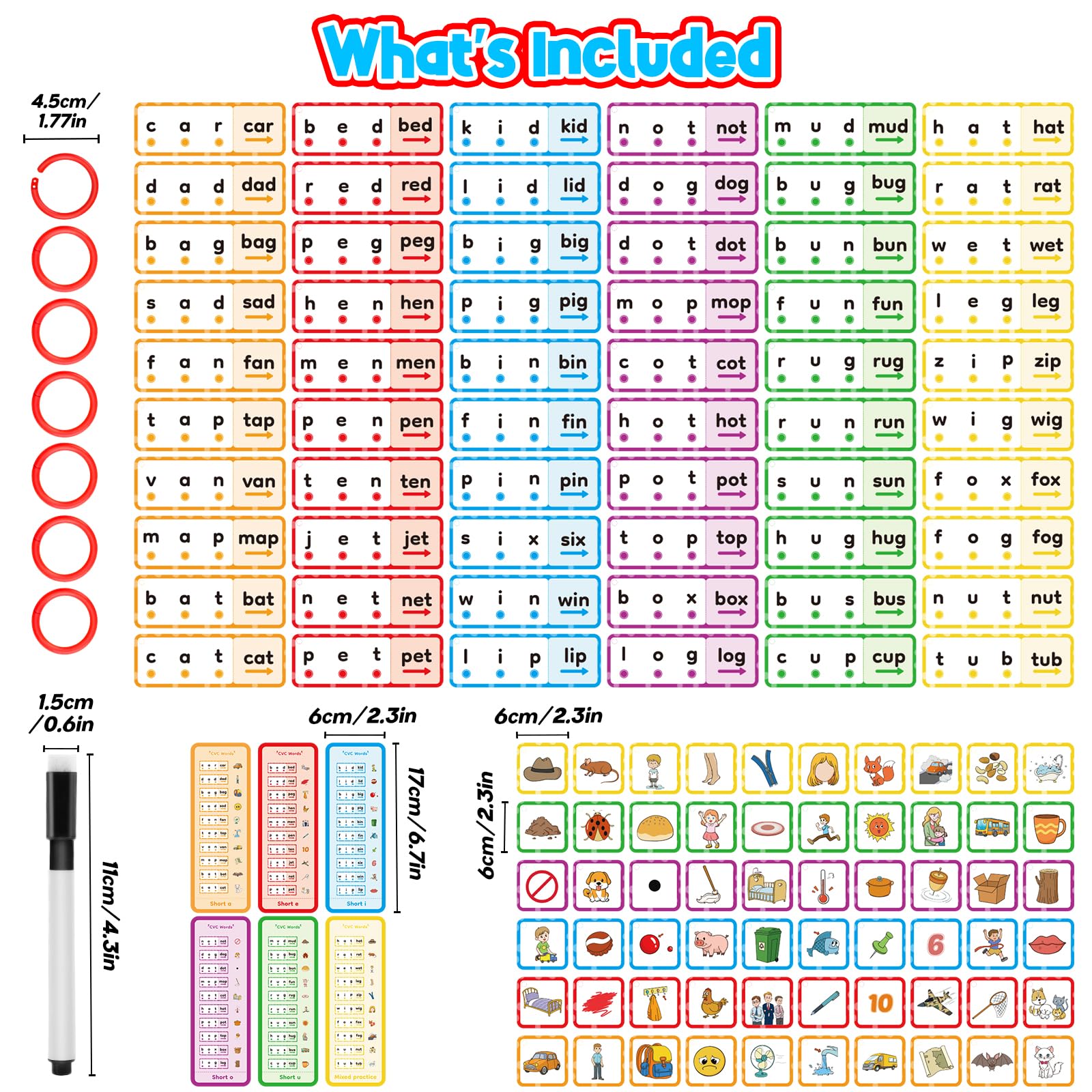 HugHush dry-erase flash cards show CVC words on the front and writing space on the back.