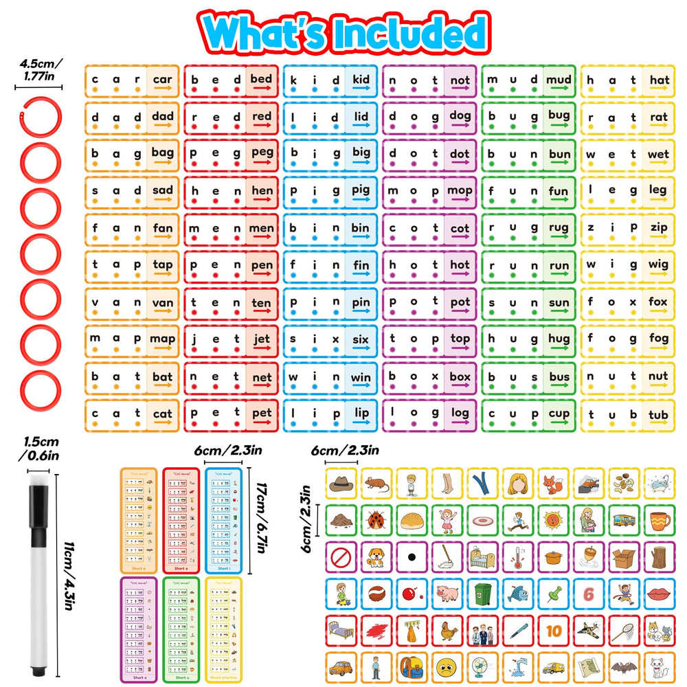 HugHush dry-erase flash cards show CVC words on the front and writing space on the back.