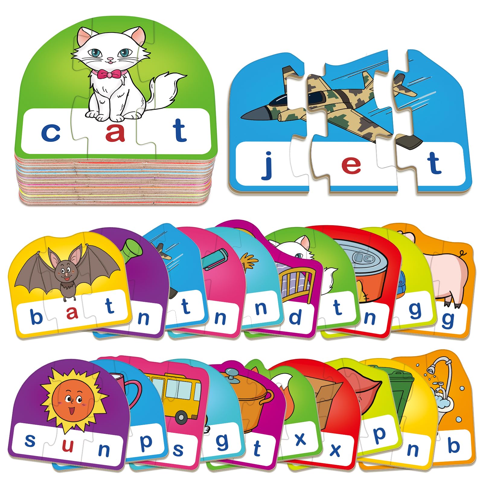 HugHush CVC puzzle cards show 20 three-piece sets for phonics practice.