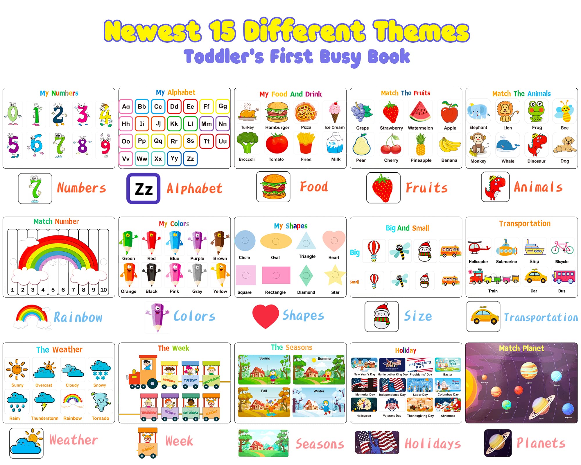 Huijing Busy Book theme pages show numbers, letters, and daily skills.