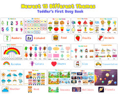 Huijing Busy Book theme pages show numbers, letters, and daily skills.