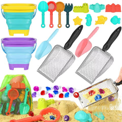 HUITEM Beach sand toys set with collapsible buckets for kids at the shore.