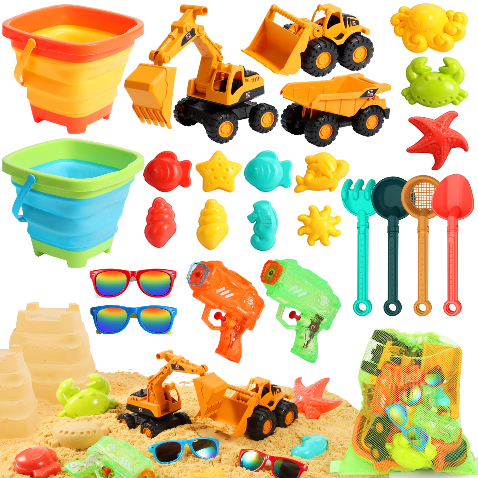 HUITEM beach toys set with dump trucks for creative sand play at the shore