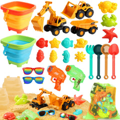 HUITEM beach toys set with dump trucks for creative sand play at the shore