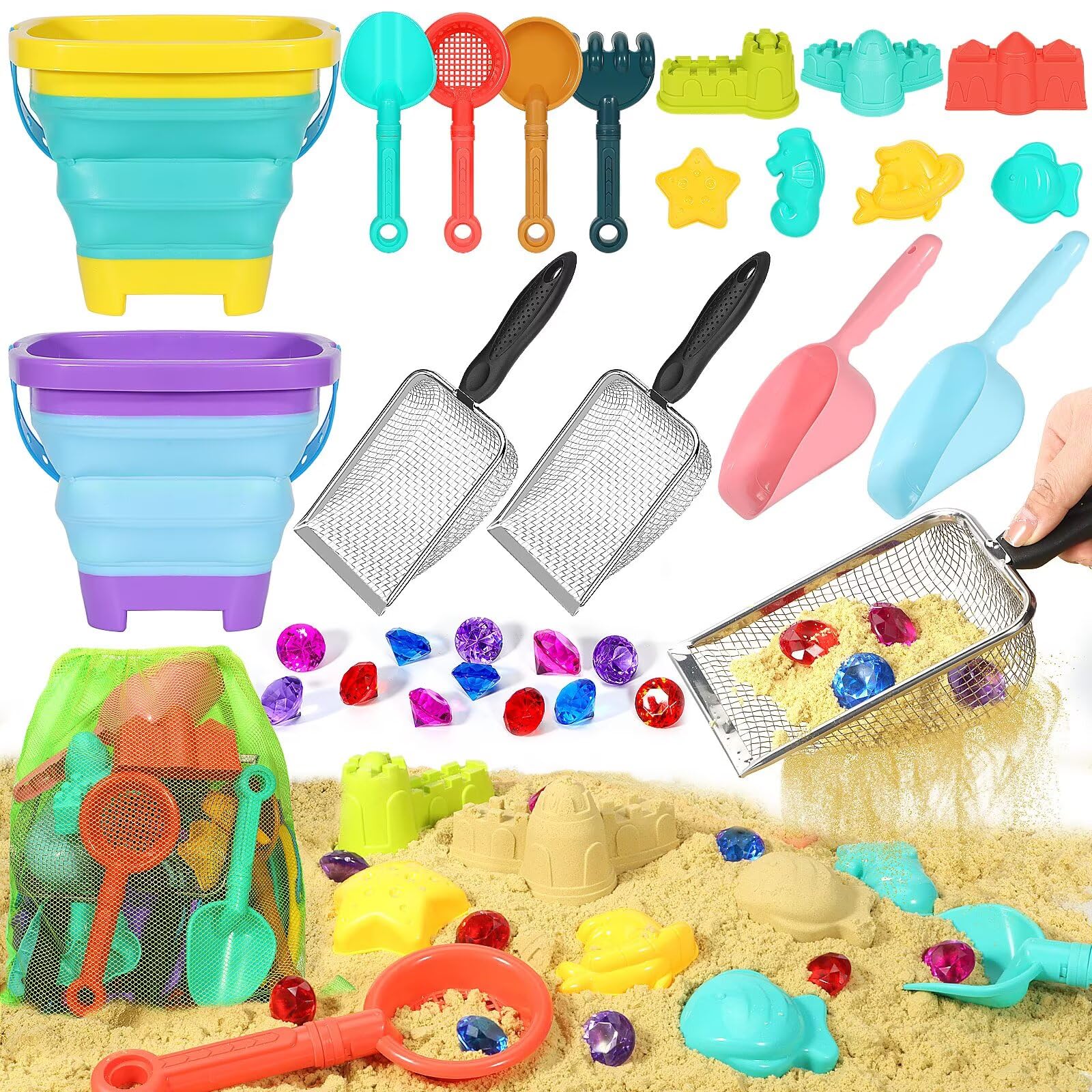 HUITEM Mesh bag keeps toys organized and dries fast.