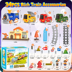 HUITEM Train Set dump truck beside curved tracks for interactive storytelling