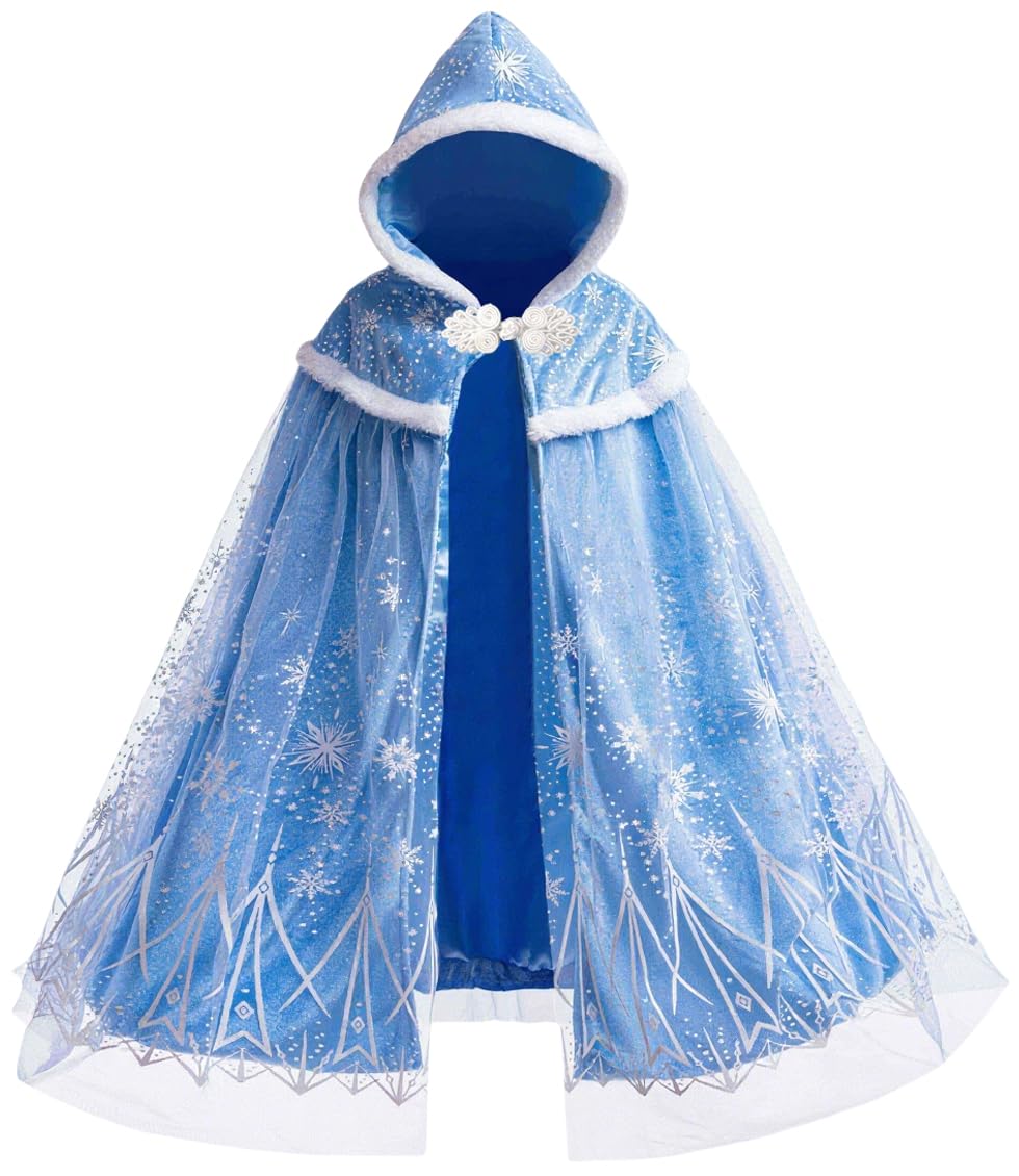 Hulaha Elsa cape blue front view; cozy velvet for imaginative play.