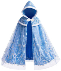 Hulaha Elsa cape blue front view; cozy velvet for imaginative play.