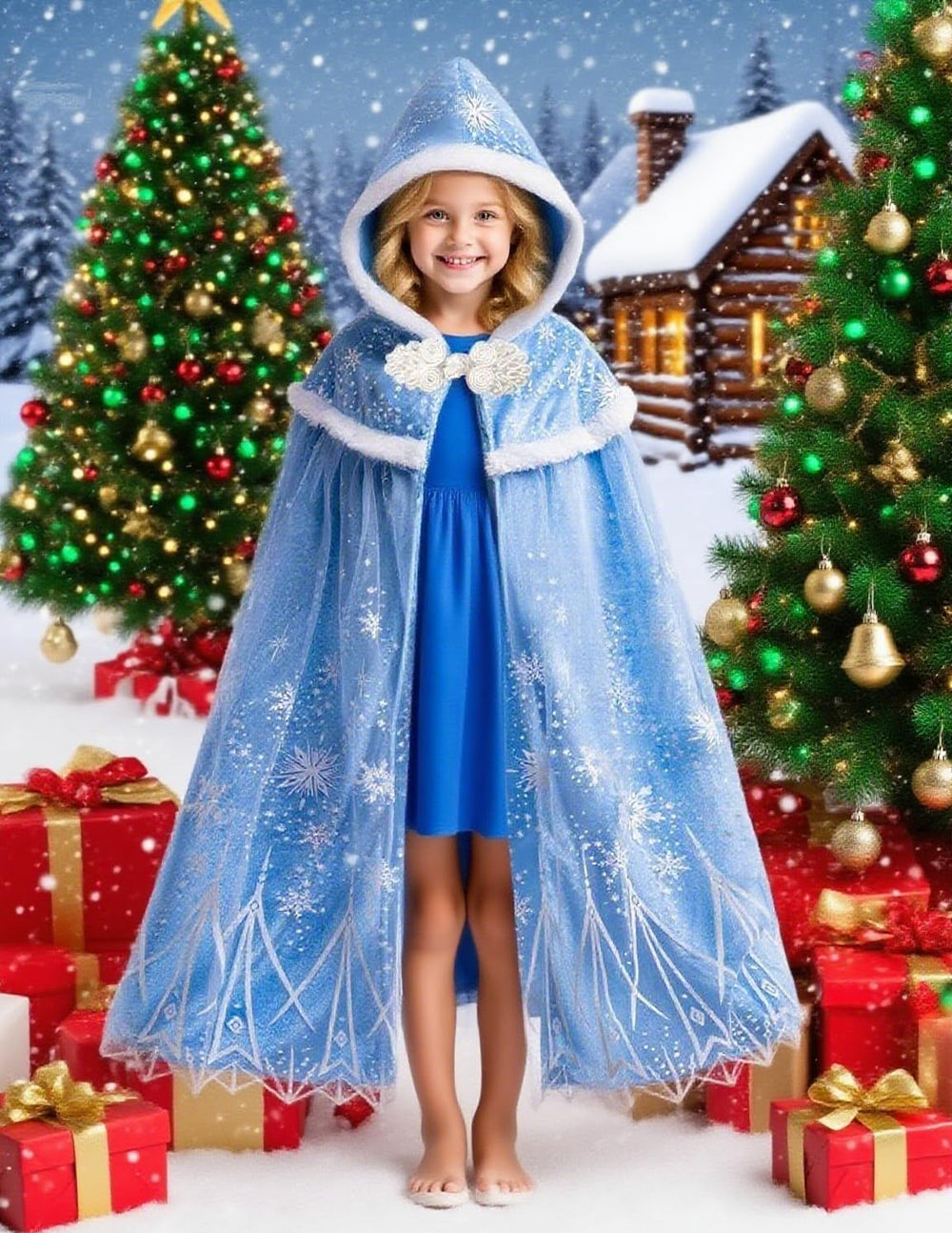 Hulaha Elsa cape blue snowflake embellishments; magical touch.