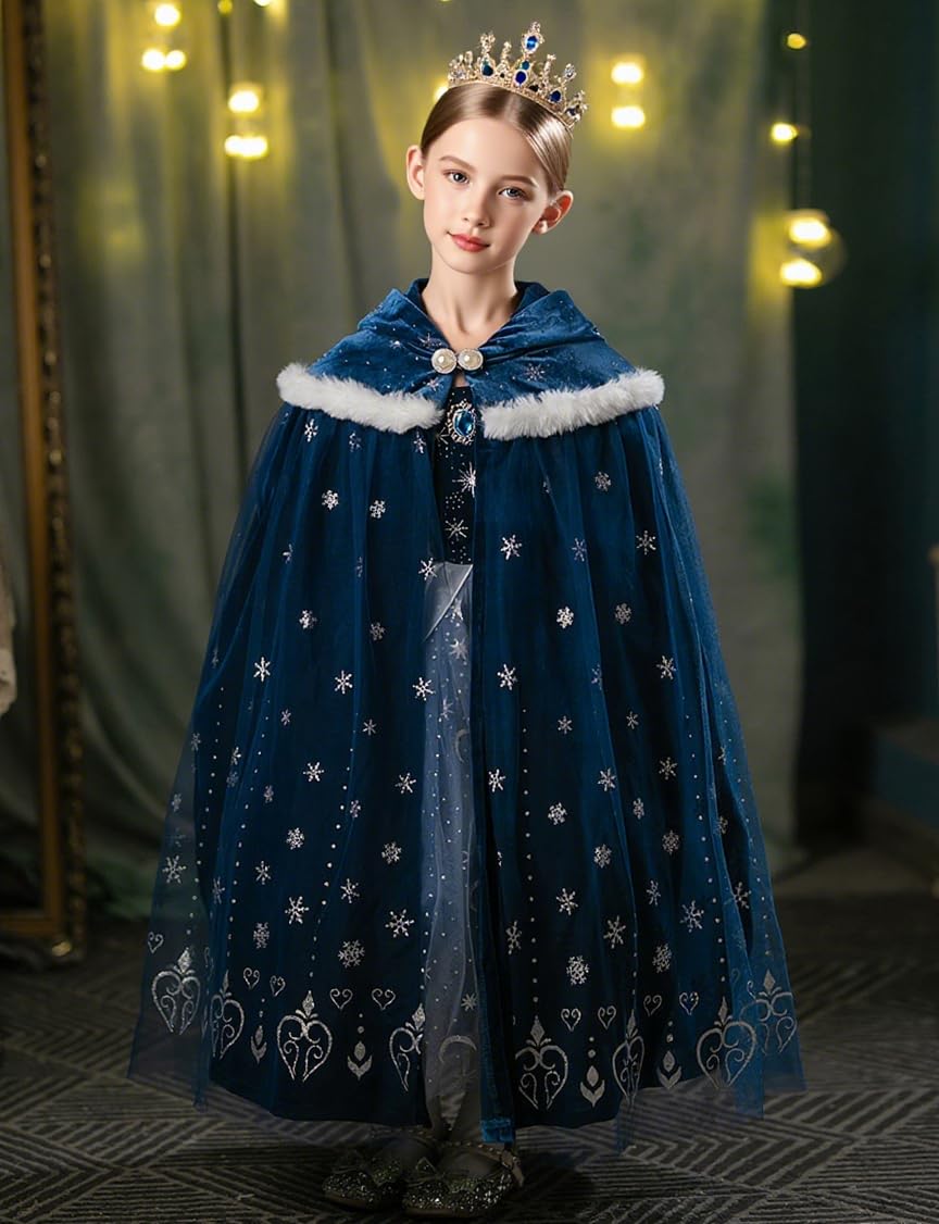 Hulaha Elsa-inspired velvet cape blue; soft texture for comfortable dress-up