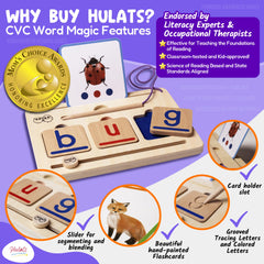 Hulats CVC Word Magic phonics flash cards with vivid illustrations.