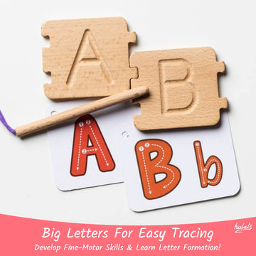 Hulats tracing board in hands promotes letter writing practice and fine motor skills.
