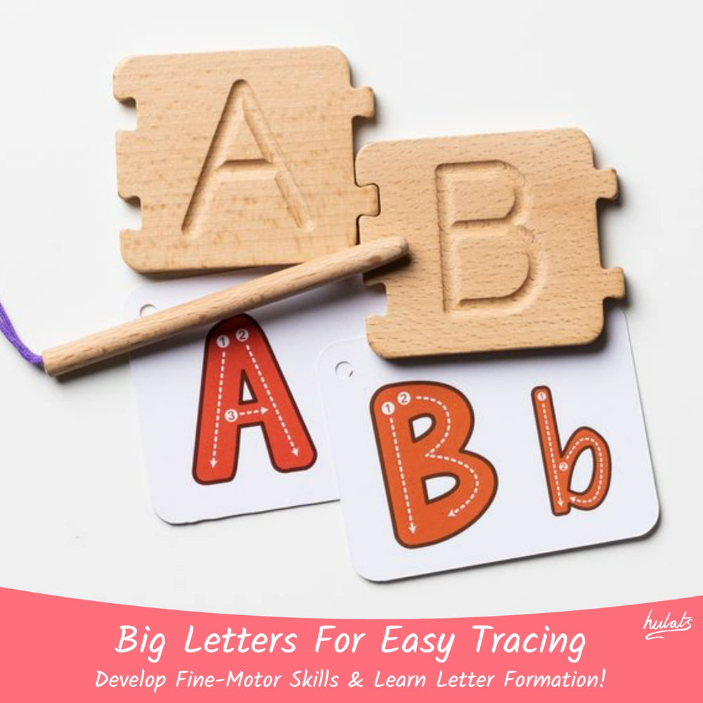Hulats tracing board in hands promotes letter writing practice and fine motor skills.