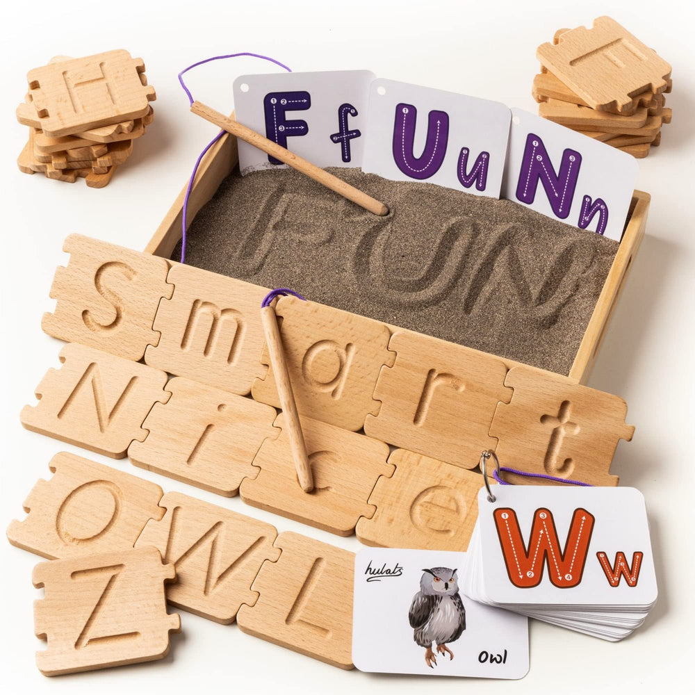 Hulats Montessori Letter Tracing Box shown for calm learning and motor skill practice.