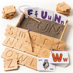 Hulats Montessori Letter Tracing Box shown for calm learning and motor skill practice.