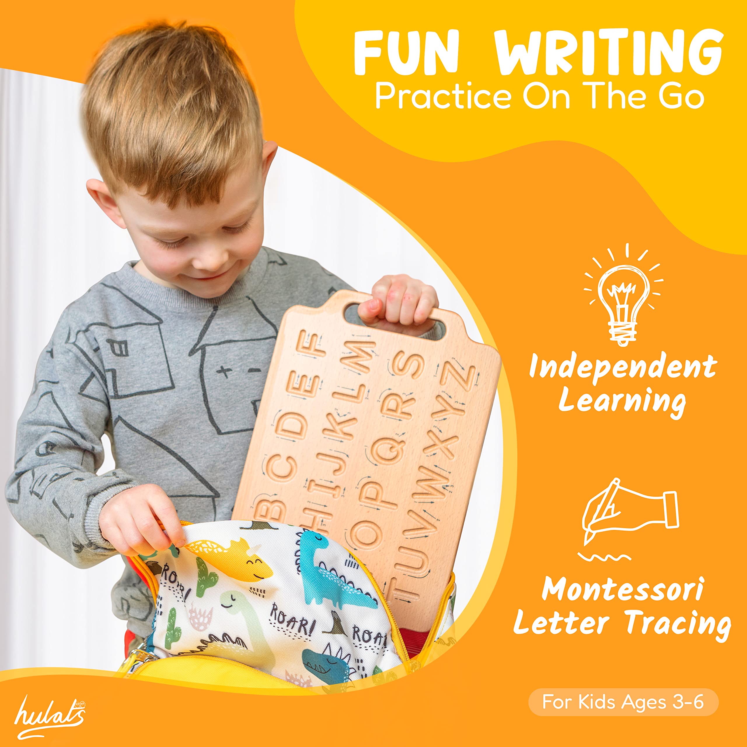Hulats portable wooden alphabet board with carry handle for on the go learning.