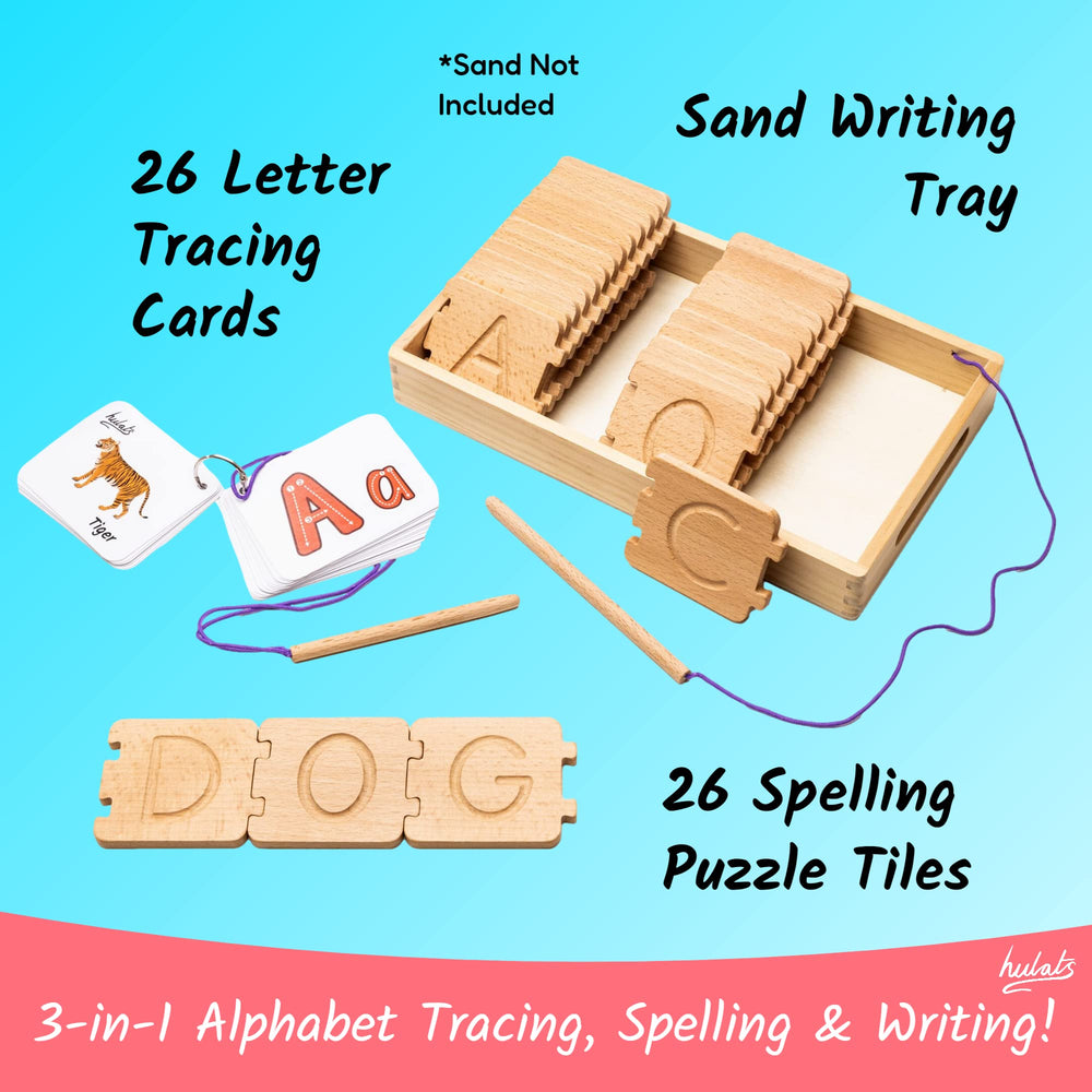 Hulats wooden tracing letters closeup highlights durable, heirloom-quality construction.