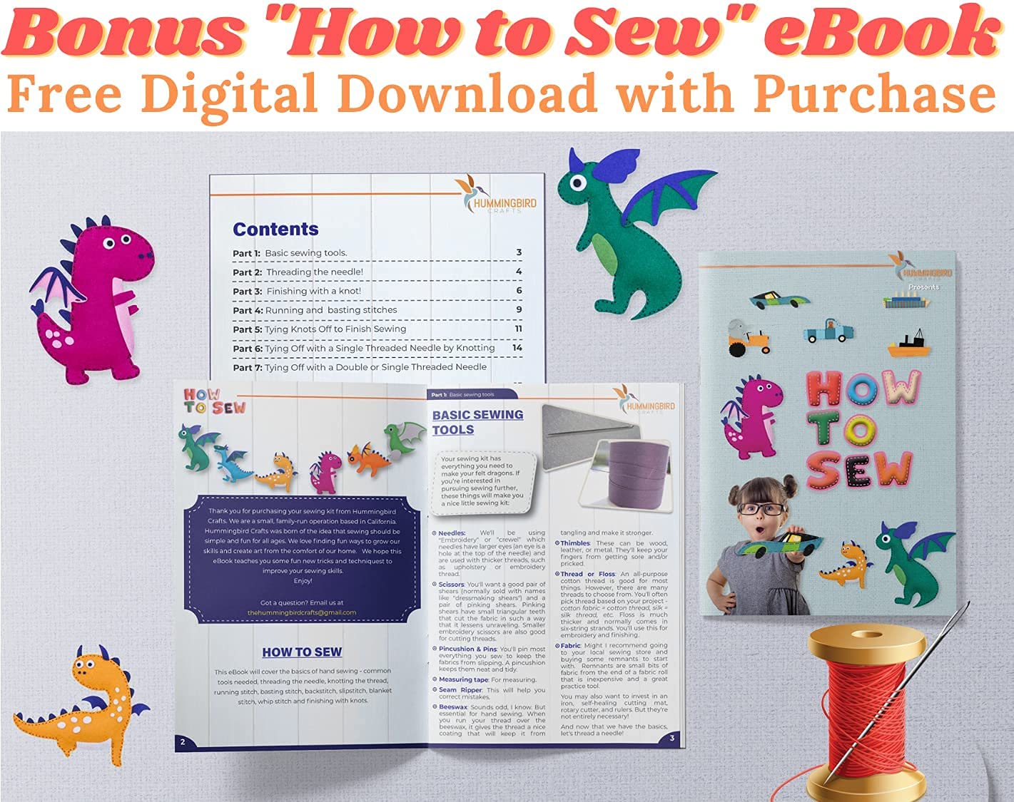 Ages 8-12 enjoy hands-on sewing with Hummingbird Crafts dragons kit