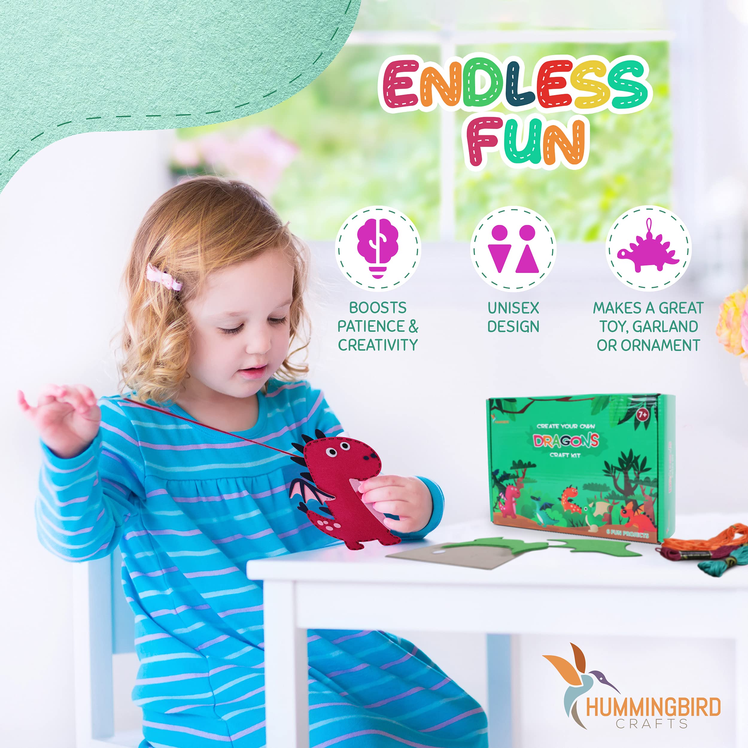 Six dragon-shaped felt pieces from Hummingbird Crafts kit inspire creative plush crafting