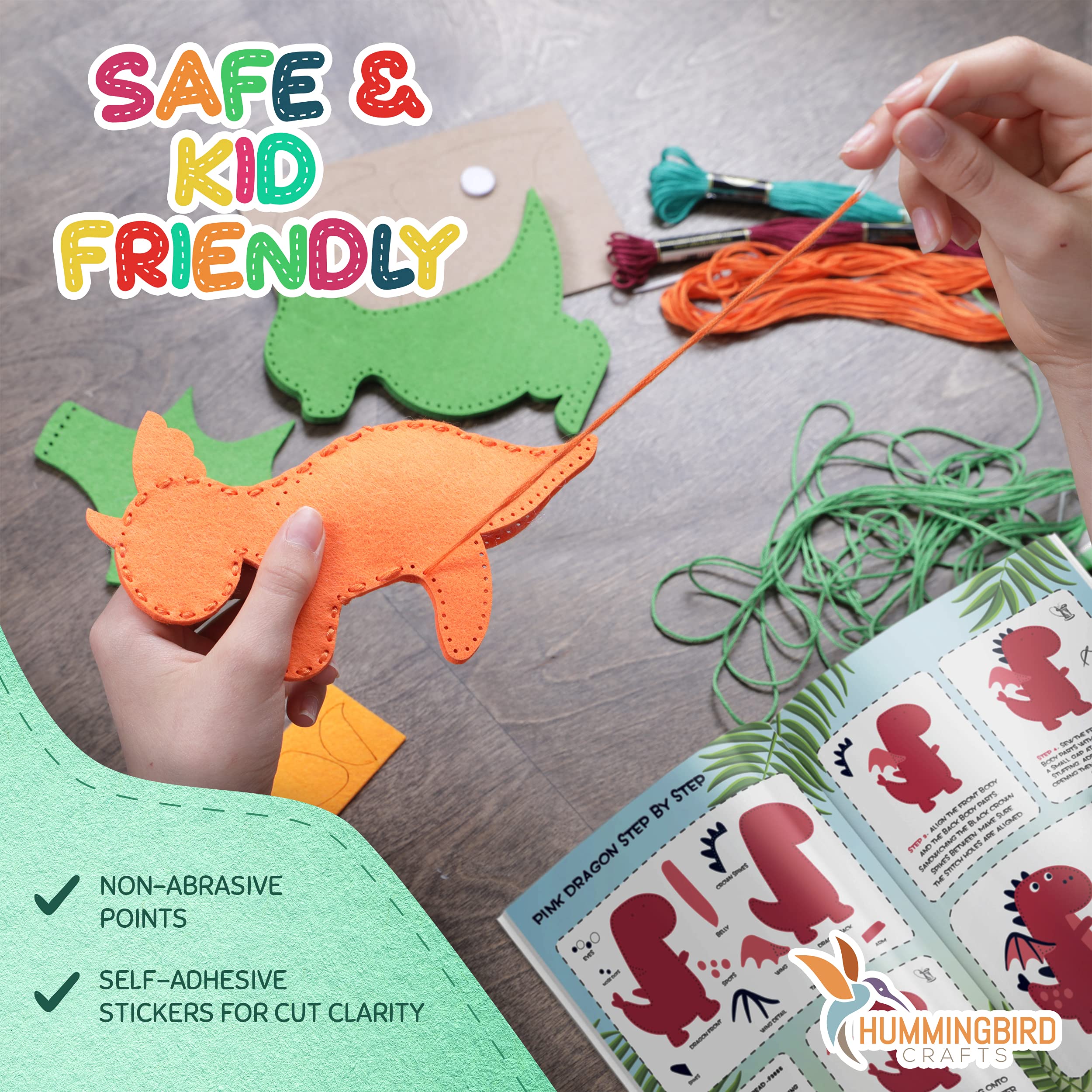 Step-by-step color instructions from Hummingbird Crafts help kids learn sewing