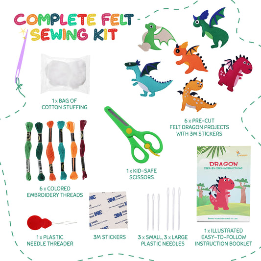 Hummingbird Crafts Dragons Sewing Kit contents with felt shapes and threads for kids