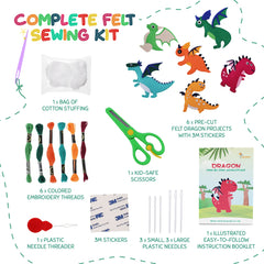 Hummingbird Crafts Dragons Sewing Kit contents with felt shapes and threads for kids