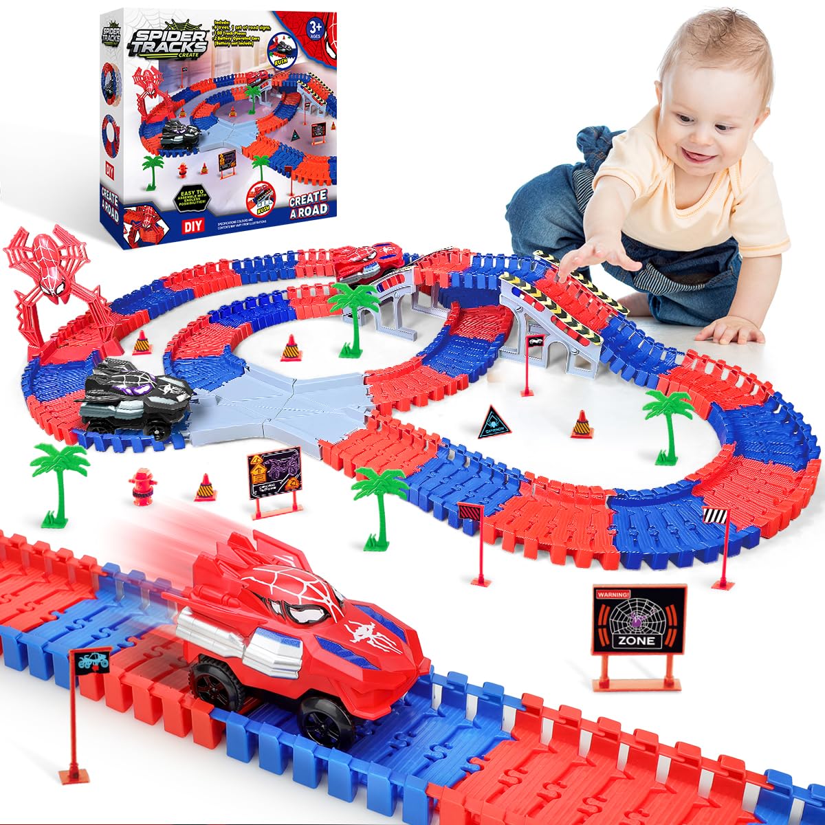 Humzo Spider Tracks with two spider cars ready to race for imaginative play.