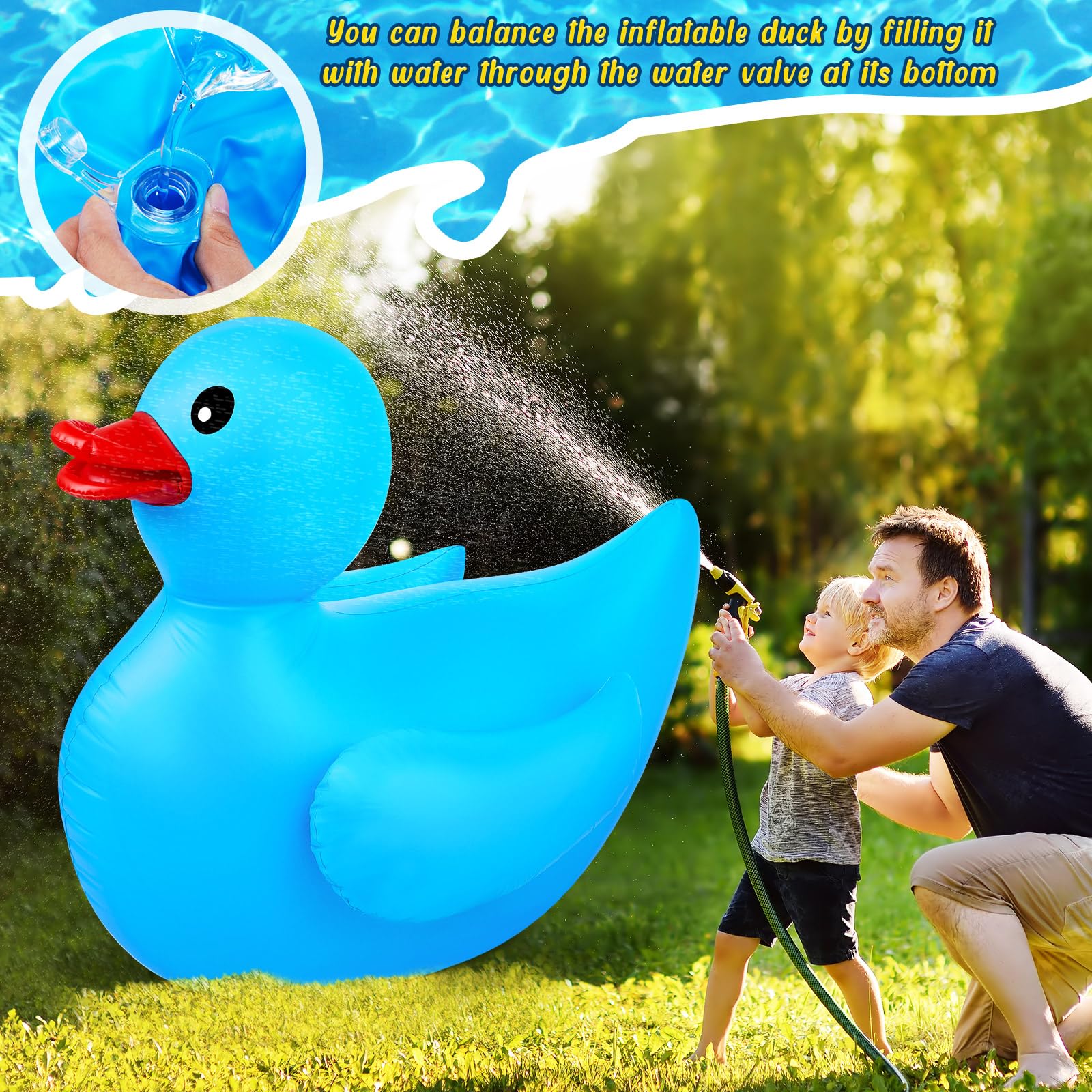 Hungdao blue inflatable duck adds vibrant color to beach or pool.