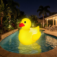 Hungdao giant light-up duck float by pool for festive fun.
