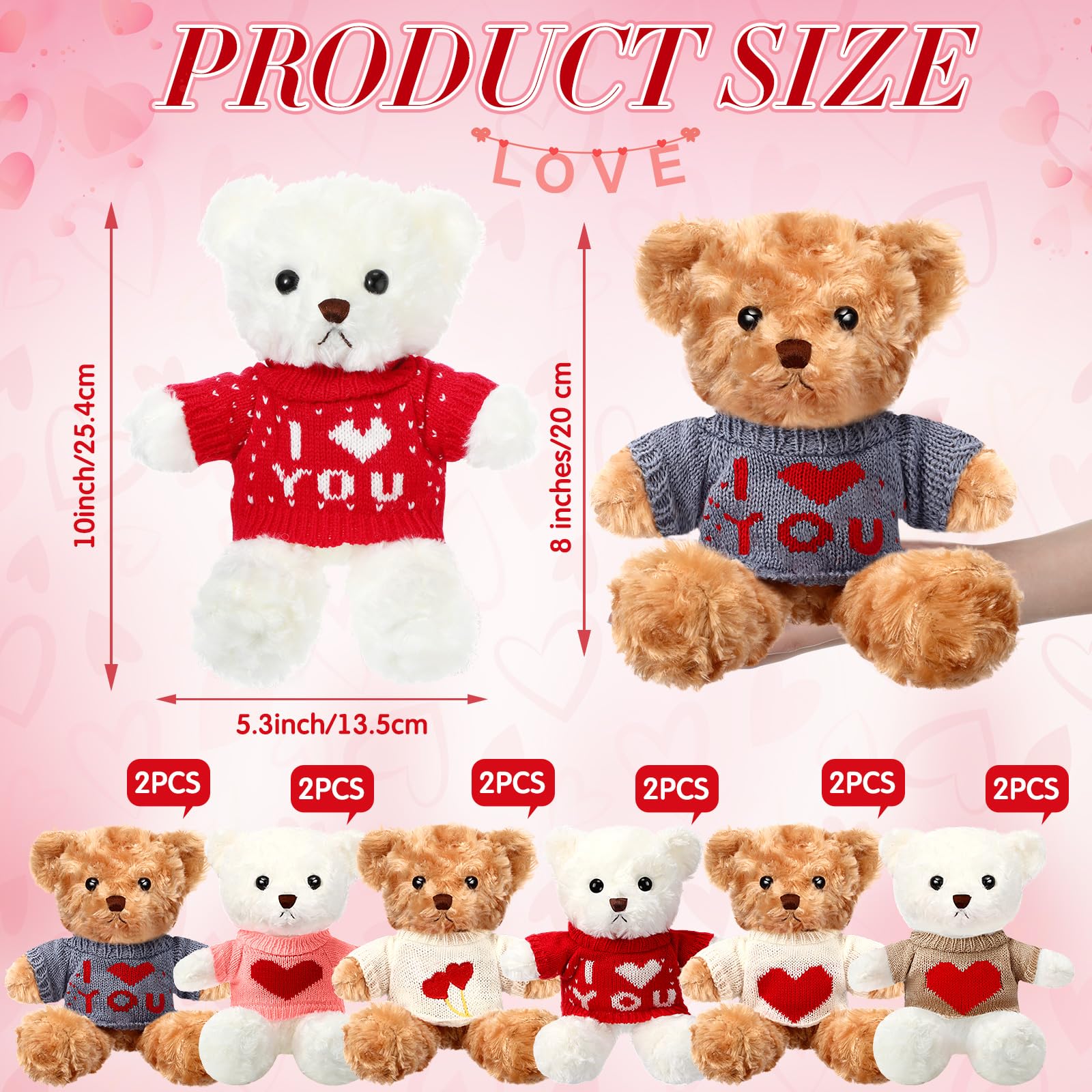Hungdao white and brown plush bears wearing cute outfits for Valentine’s Day.
