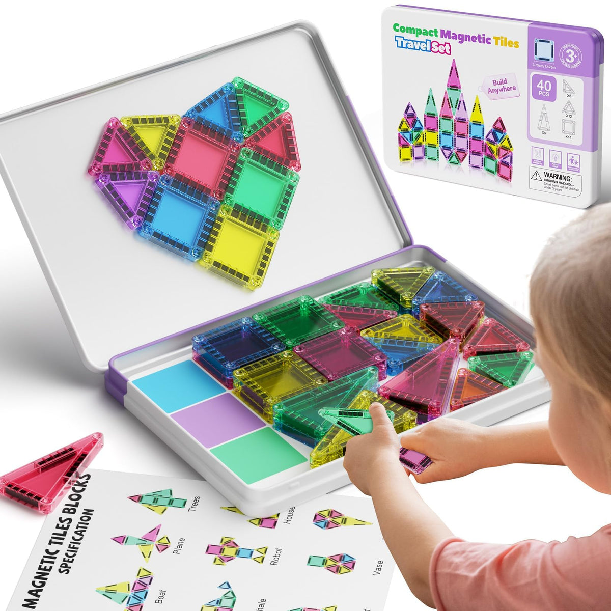 Hunloot mini magnetic tiles with travel storage box enable on-the-go creativity.
