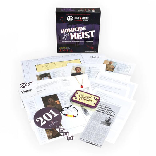 Hunt A Killer investigation scene with clues for solving the diamond heist mystery.