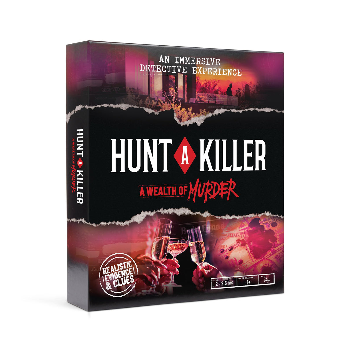 Hunt A Killer Wealth Of Murder box opened reveals clues for an immersive night.