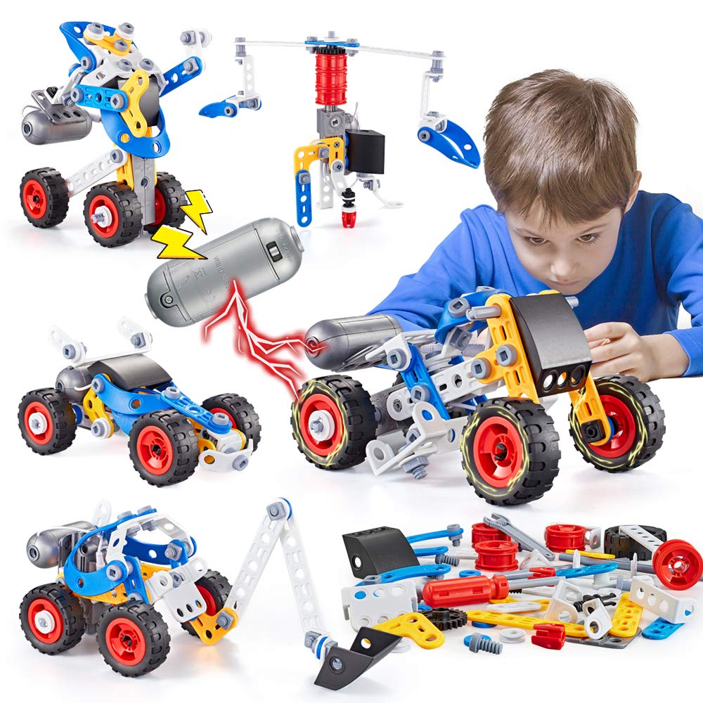 HUOZHI Erector Set 5-in-1 with electric motor powering a model in motion.