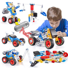 HUOZHI Erector Set 5-in-1 with electric motor powering a model in motion.