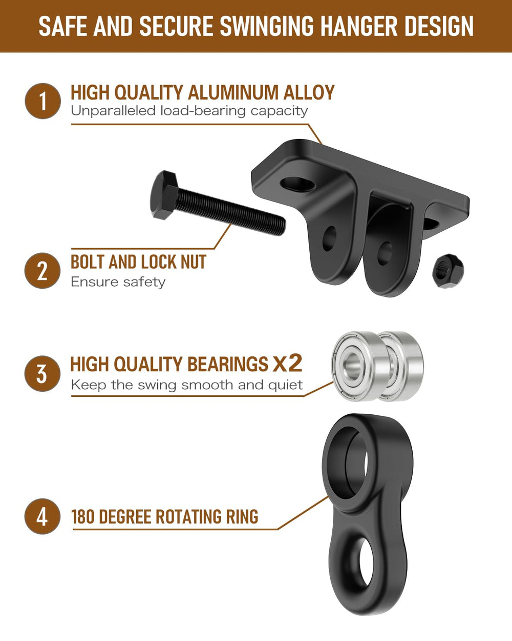 HUPBIPY swing hanger package includes screws and bolts for quick mounting