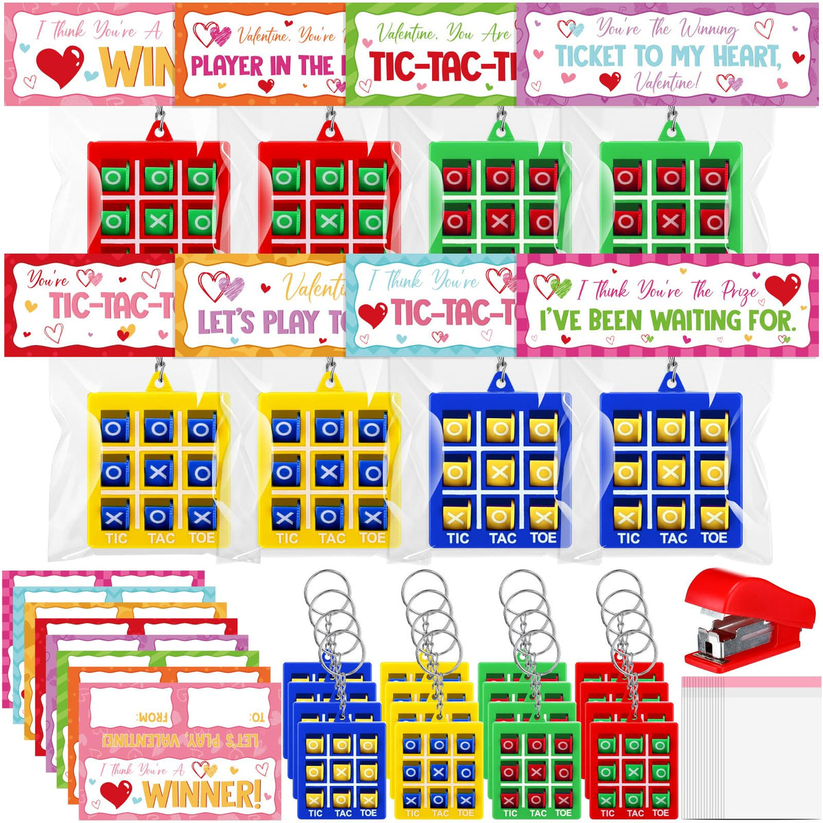 Huquary 48-set valentines gifts for kids classroom cards and tic tac toe keychains for easy exchanges