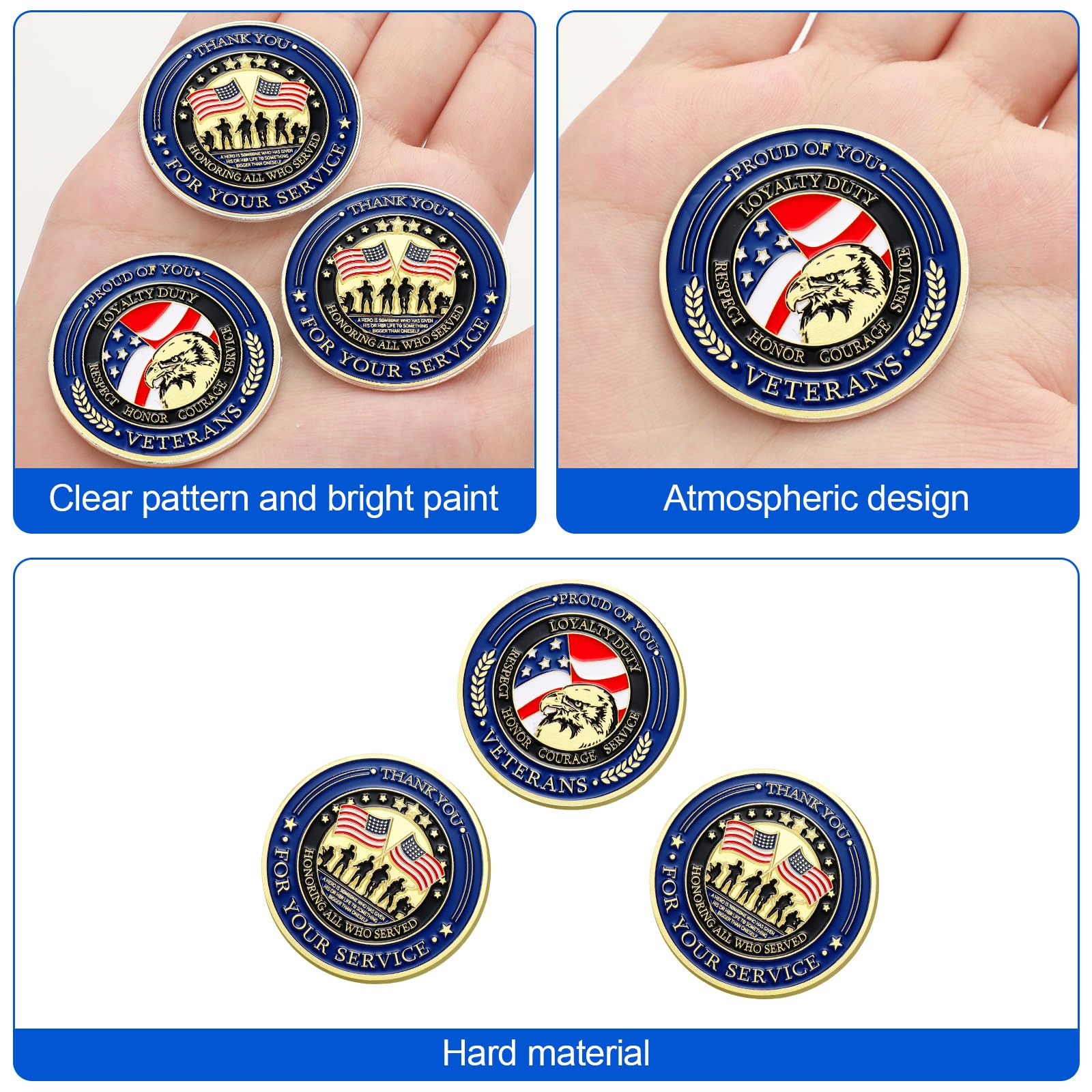 Huquary veterans coin in hand showing portable 4 cm size