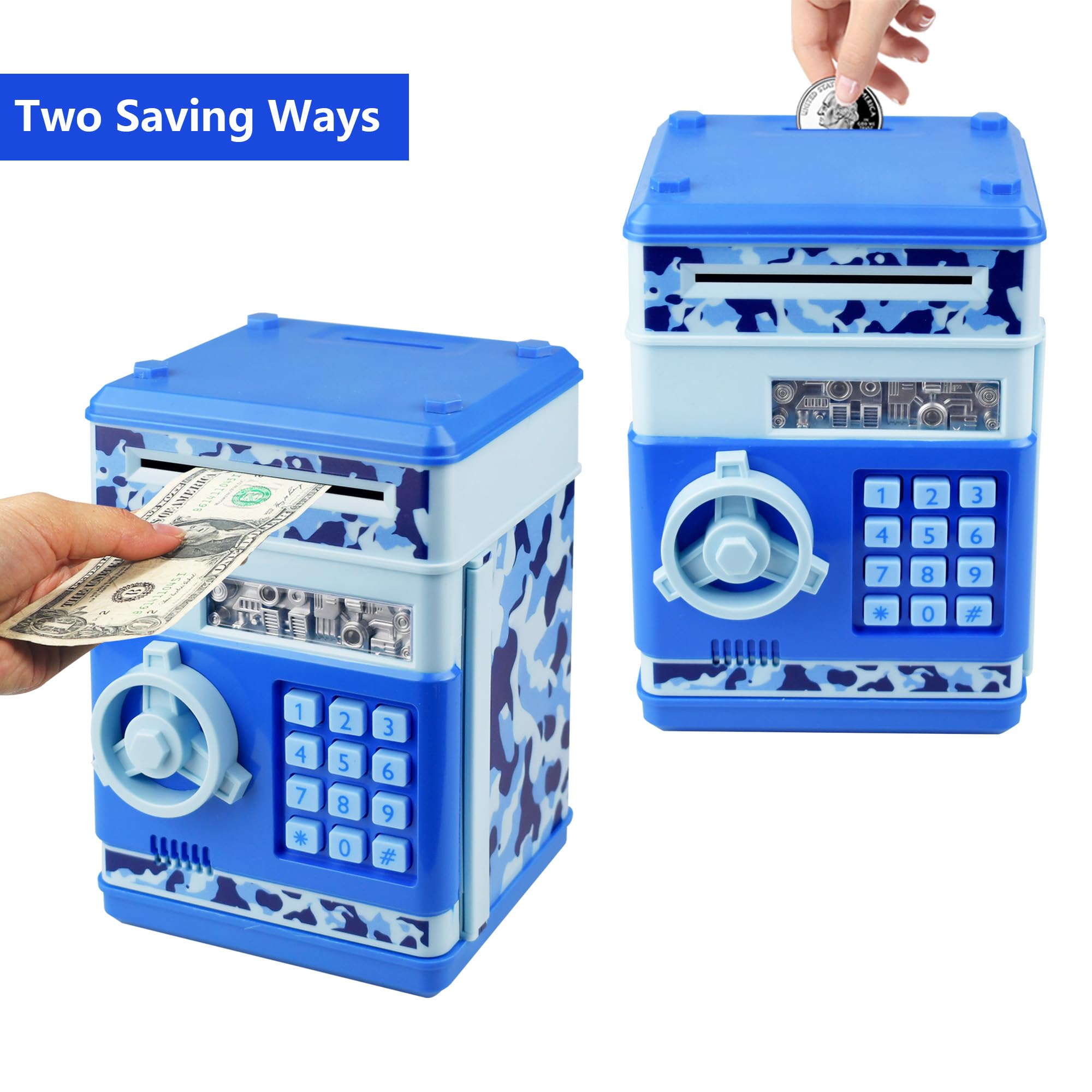 HUSAN piggy bank camo blue bill slot demonstrates automatic money intake