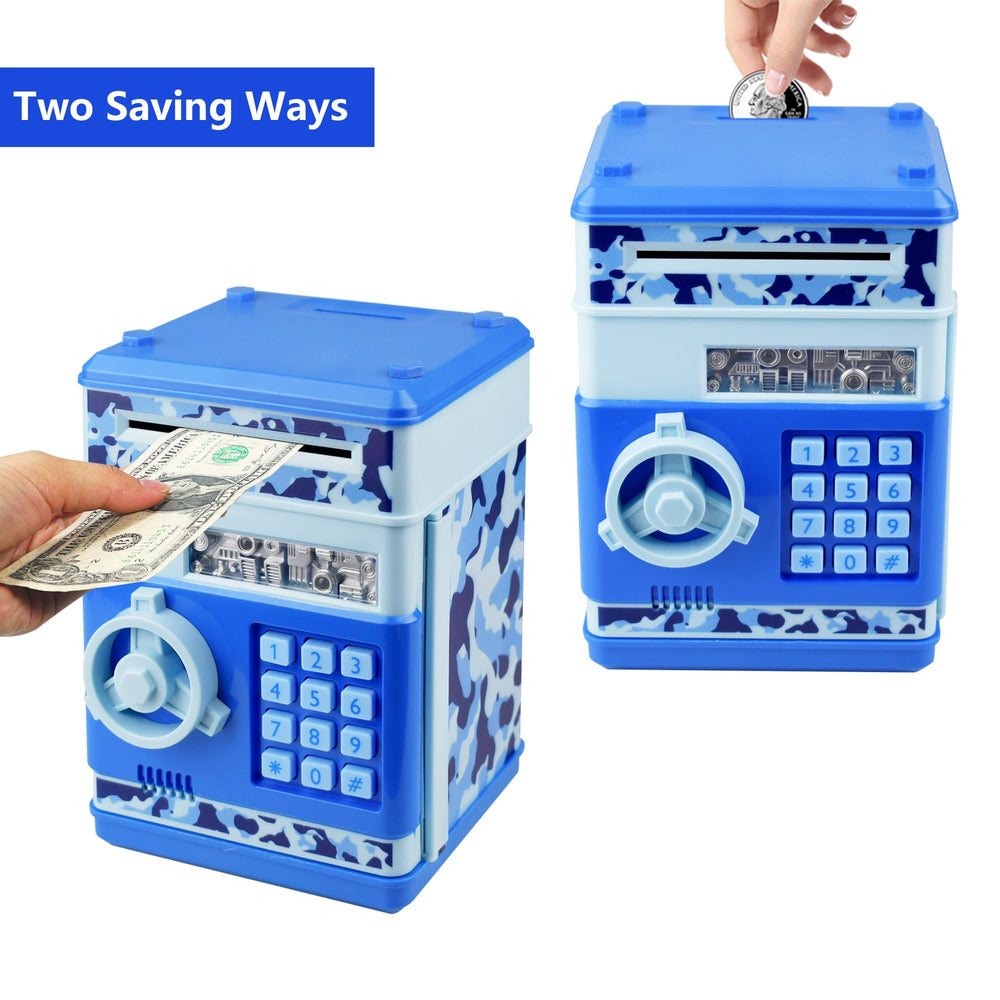 HUSAN piggy bank camo blue bill slot demonstrates automatic money intake