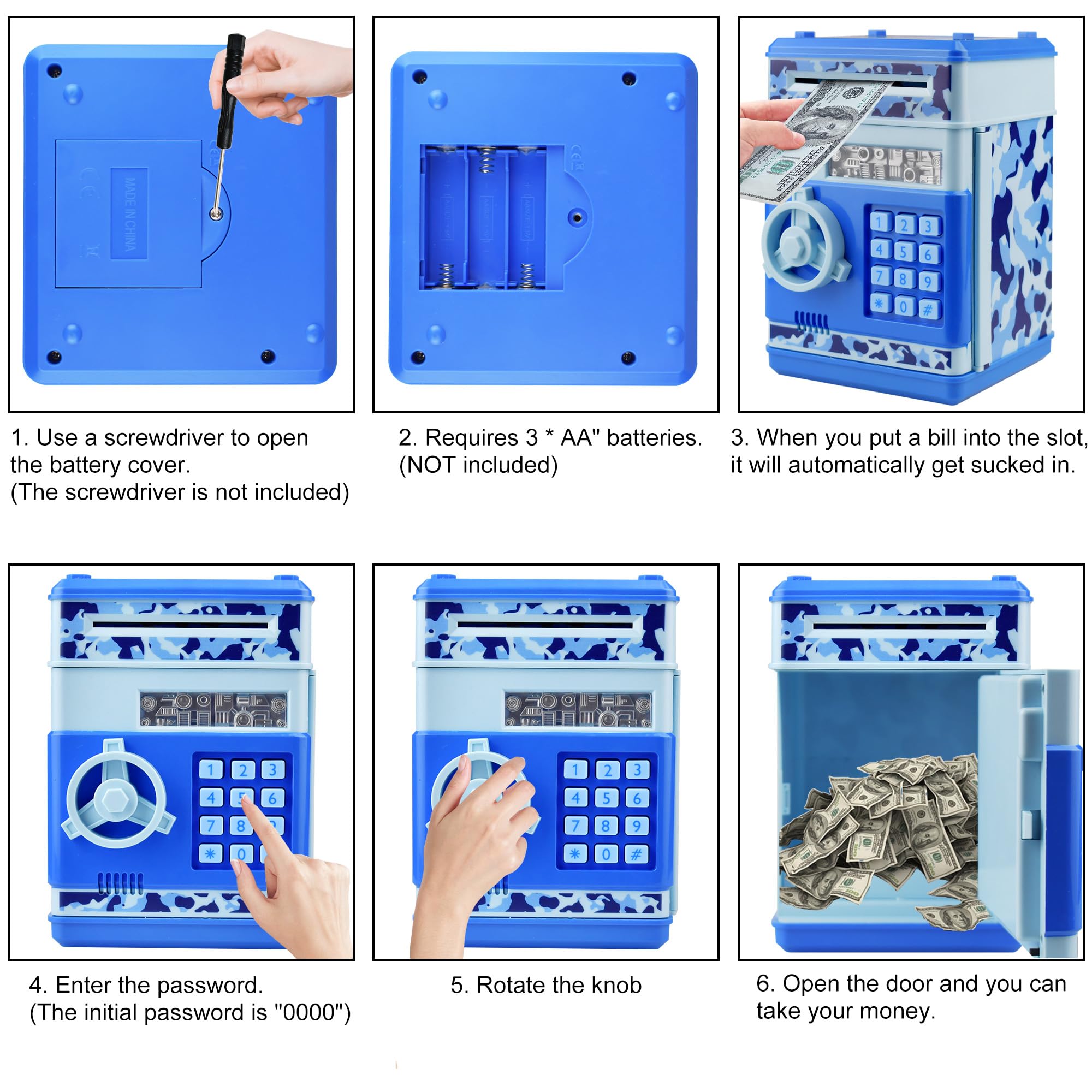 HUSAN piggy bank camo blue digital keypad highlights secure four digit password