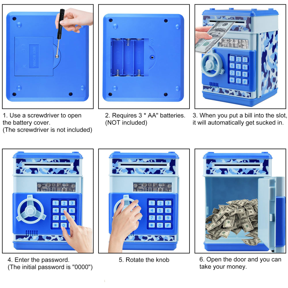 HUSAN piggy bank camo blue digital keypad highlights secure four digit password