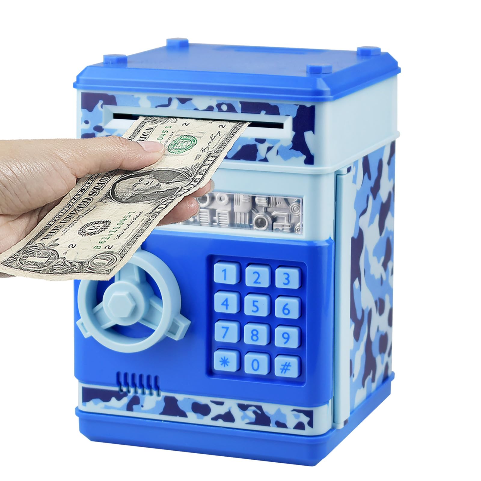 HUSAN piggy bank camo blue front view with password protection for kid savings