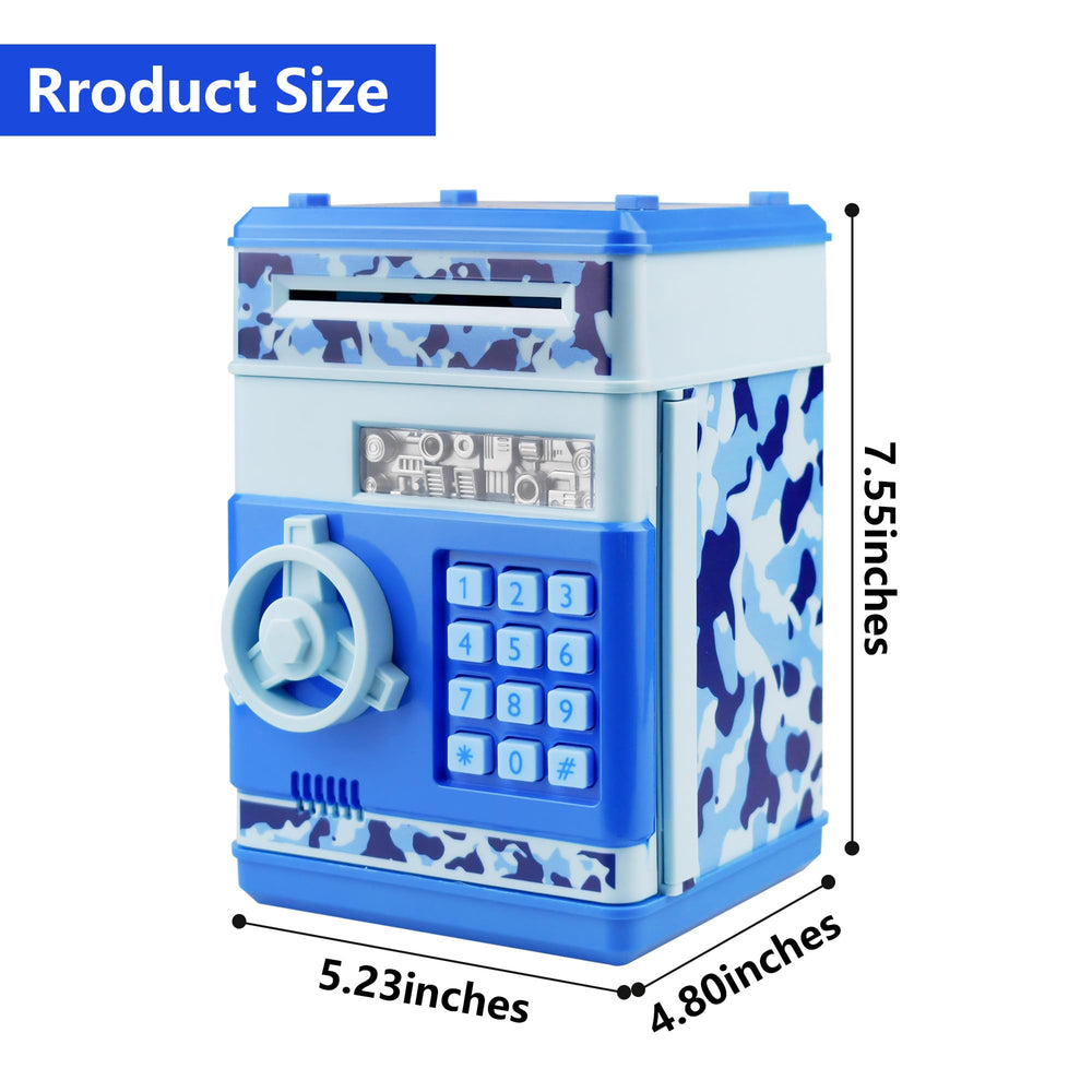HUSAN piggy bank camo blue open lid shows easy access to coins and bills