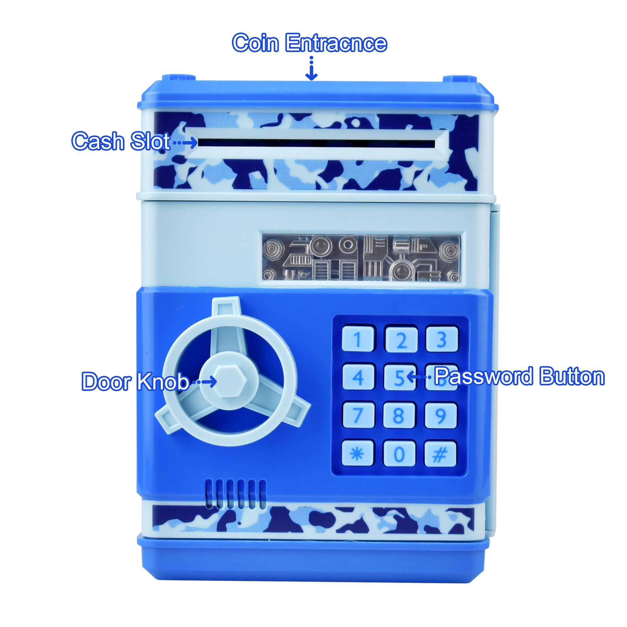 HUSAN piggy bank camo blue side view highlights durable ABS construction